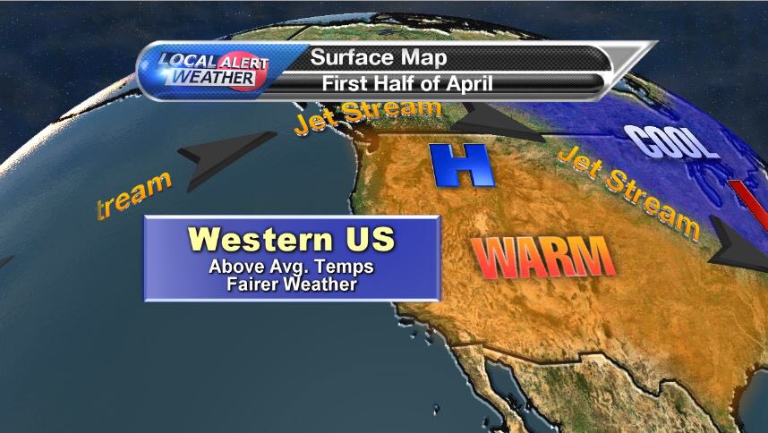 RussellBirdKTVZ's tweet photo. Here's a look at the first half of April for east and west coast. Overall we'll get nicer weather! @KTVZ #warmup https://t.co/CQZLRtCEhU