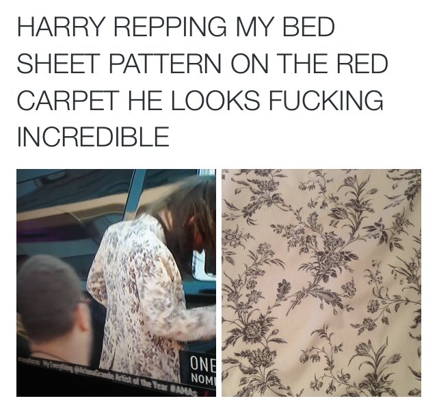 Updates1D_x3's tweet photo. WHEN HARRY WORE MY BED SHEET PATTERN ON THE RED CARPET 😂

#iHeartAwards #BestFanArmy #Directioners https://t.co/D1xUar63uk