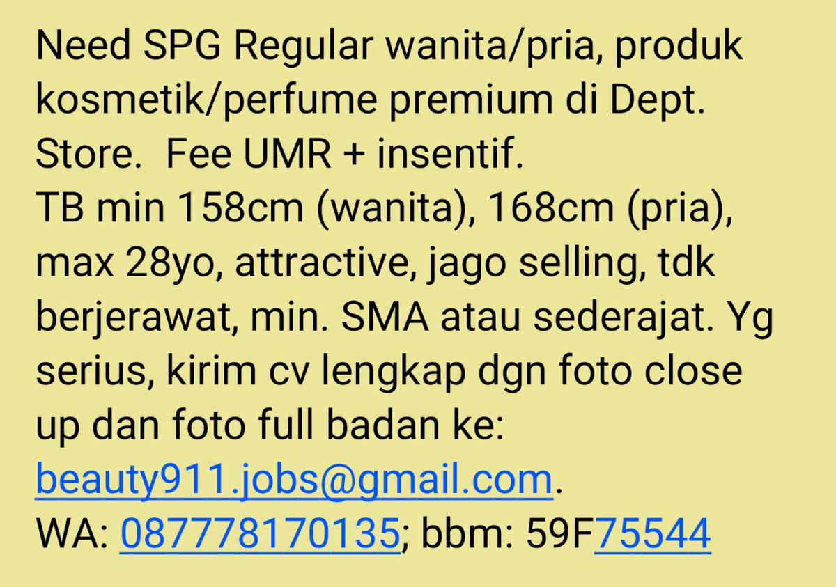 Need SPG Regular/Permanen. Tolong bantu RT yah <a href="/pakarSPG/">Pakar SPG</a>. Thx