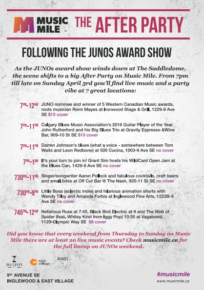 outloudyyc's tweet photo. Check out @MusicMileYYC's  AFTER PARTY to celebrate the end of an amazing #JUNOS week! https://t.co/vKoHx6tlrm