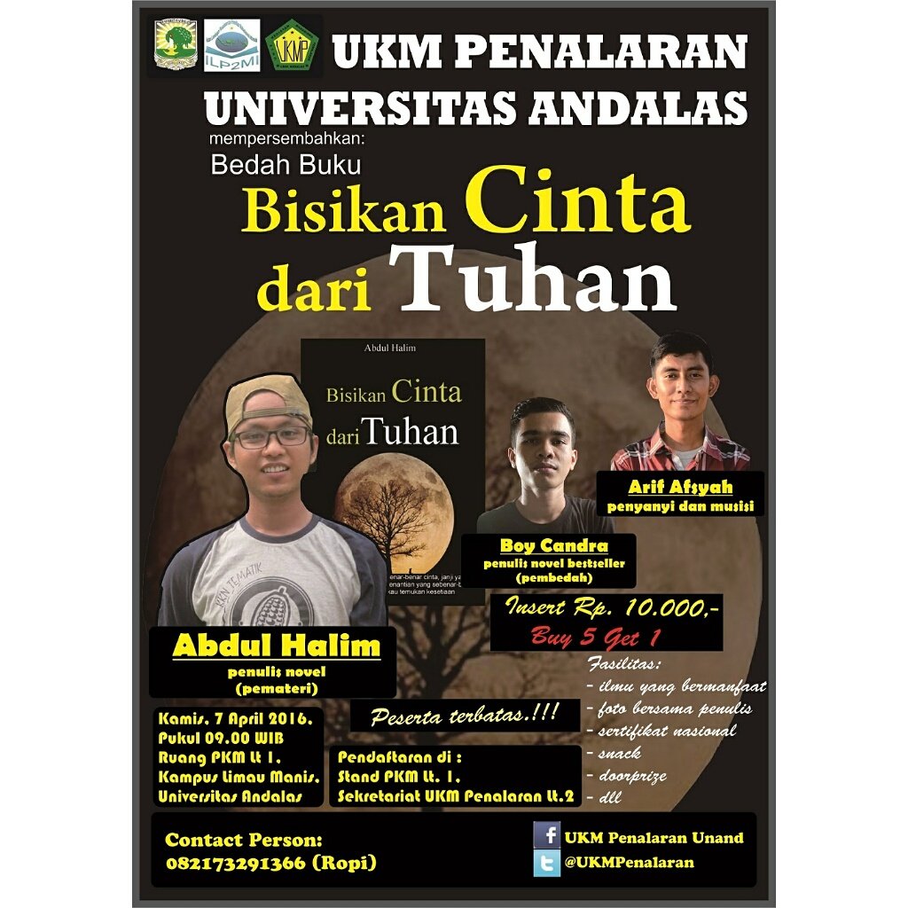 Ayo ikutan seminar bedah buku "Bisikan cinta dari Tuhan" di Pkm lantai 1,  ingat 7 april 2016:-) :-)