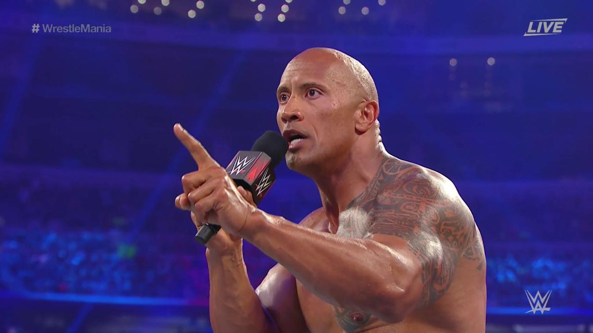 WWE's tweet photo. Did @TheRock just say we're going to have a #WrestleMania MATCH RIGHT NOW?! https://t.co/304MCqvePO