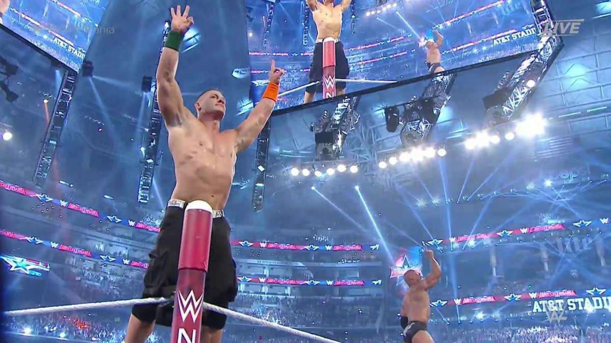 WWE's tweet photo. CENA. ROCK. THIS IS WHAT #WrestleMania IS ALL ABOUT! https://t.co/MCrfiDHpY1
