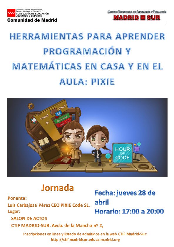 CTIFMadridSur's tweet photo. Jornada "HERRAMIENTAS PARA APRENDER PROGRAMACIÓN Y MATEMÁTICAS EN CASA Y EN EL AULA: PIXIE"
https://t.co/7jAo5ppmRB https://t.co/eph0cEzsfR