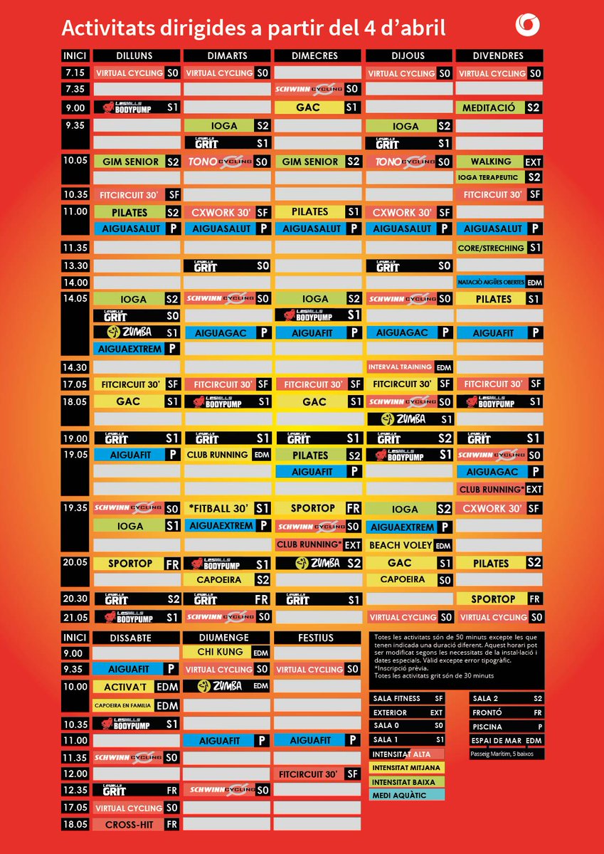 CEM_Colom's tweet photo. Comencem,avui si amb el nou horari!
Ja estàs en marxa?!
#activitatsdirgigides #horari #calendari #CemColom https://t.co/8xEzhXnebq