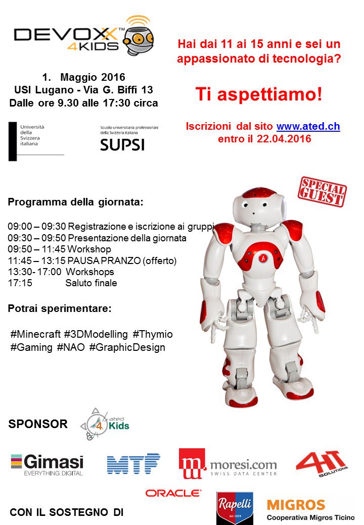 atedIctTicino's tweet photo. @migros #Ticino #Rapelli SA sostengono #Devoxx4kids del 1.5.16 #Lugano
#Minecraft #3DModelling #Thymio #Gaming #NAO https://t.co/HF5GjrJ94f