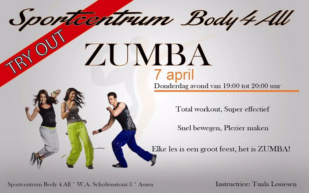 Body4AllAssen's tweet photo. Op donderdag 7 april GRATIS Try-out lessen. 
Zumba 19:00 uur #zumba #assen #body4all https://t.co/Uko0zR8rPb