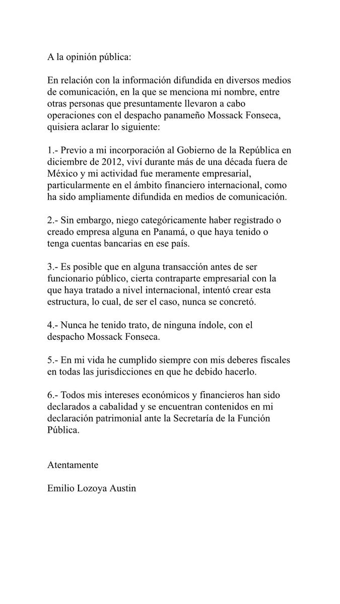 Niego categóricamente haber tenido relación alguna con el despacho Mossack Fonseca @Reforma @revistaproceso