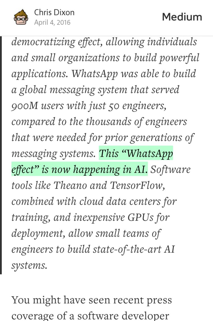 “…This ‘WhatsApp effect’ is now happening in AI.…” from “Comma.ai” by Chris Dixon.