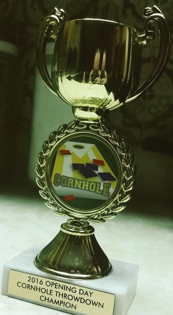 NorthMoRoyal's tweet photo. I won this sweet trophy with my boy @PR8HD! #Cornholios! Thanks @jwgeist for organizing the tournament! https://t.co/CORGYPnR70