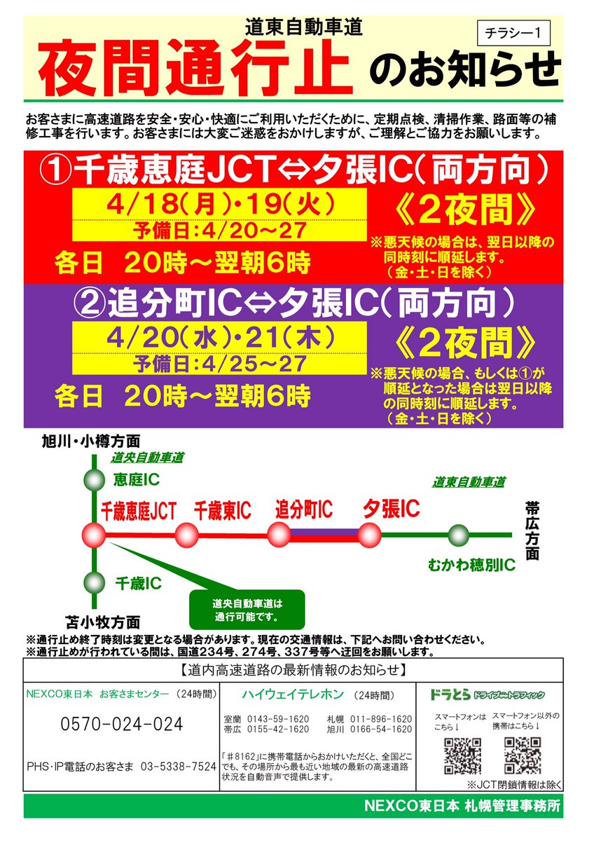 Nexco東日本 北海道 A Twitter 工事夜間通行止 道路維持作業 補修工事のため 4月18日 月 から 道東道 深川留萌道の一部区間で夜間通行止を行います ご迷惑をおかけしますが ご理解ご協力をお願いします Https T Co Egsnp7yrkg Https T Co Cucnscm8uv