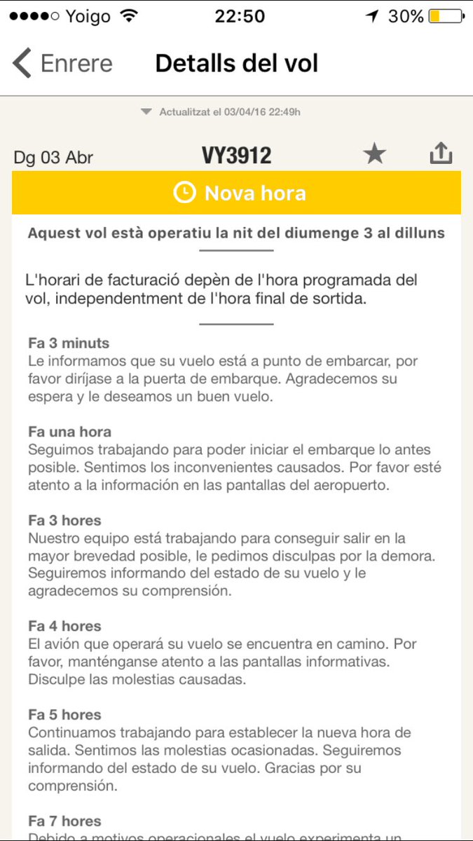 Pumocat's tweet photo. @VuelingClients vol VY3912. 8 hores de retard. Explicacions nefastes. Tant sols un sandvitx sec. Canvio a @Ryanair https://t.co/8zPG9sIw3W