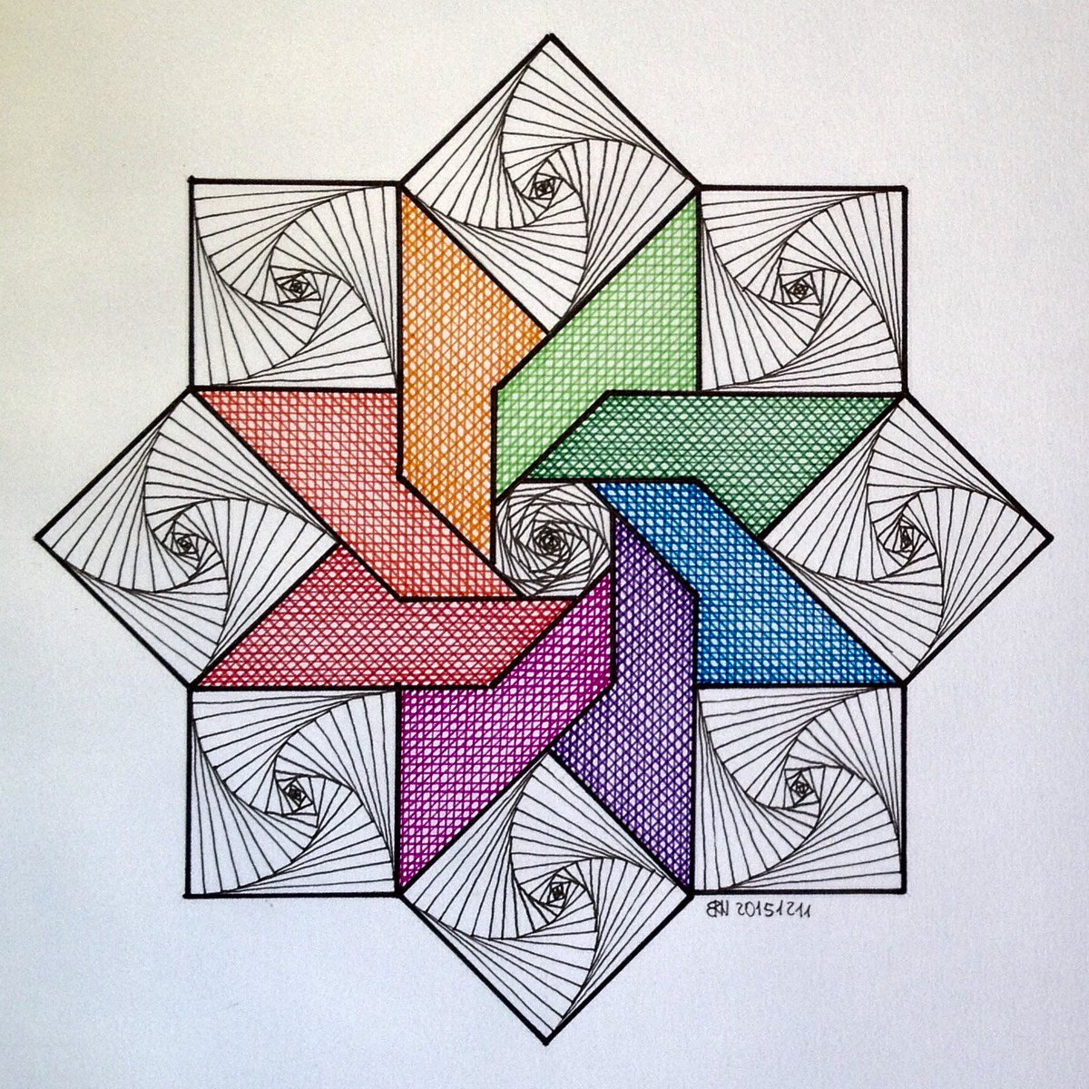 Regolo54's tweet photo. #regolo54 #geometry #symmetry #pattern #handmade #amsterdam #square #mathart #rainbow #ink #touche #vortices #vertig https://t.co/1GBQ9eWewi