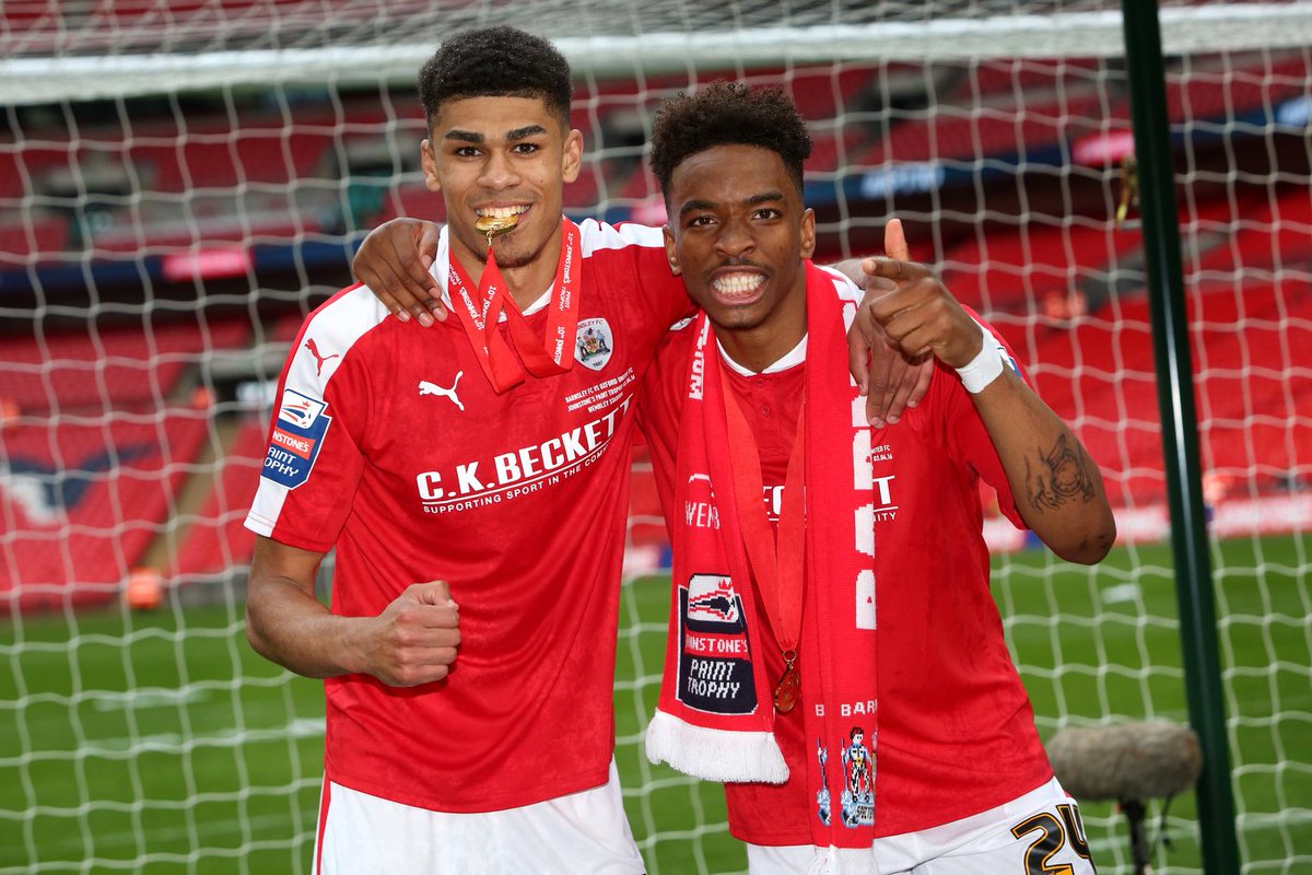 .@bfc_official forward duo <a href="/AshFletcher___/">Ashley Fletcher</a> and <a href="/ivantoney24/">Ivan Toney</a> celebrate after winning the #JPT10 Trophy!