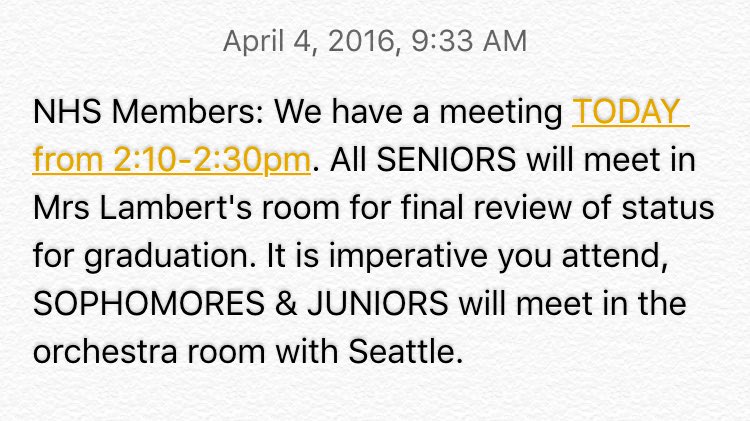 NicholasJBique's tweet photo. @HSA_NHS MEMBERS: Please RT and let your friends know there is a meeting TODAY!! https://t.co/J3fW0tyg1L