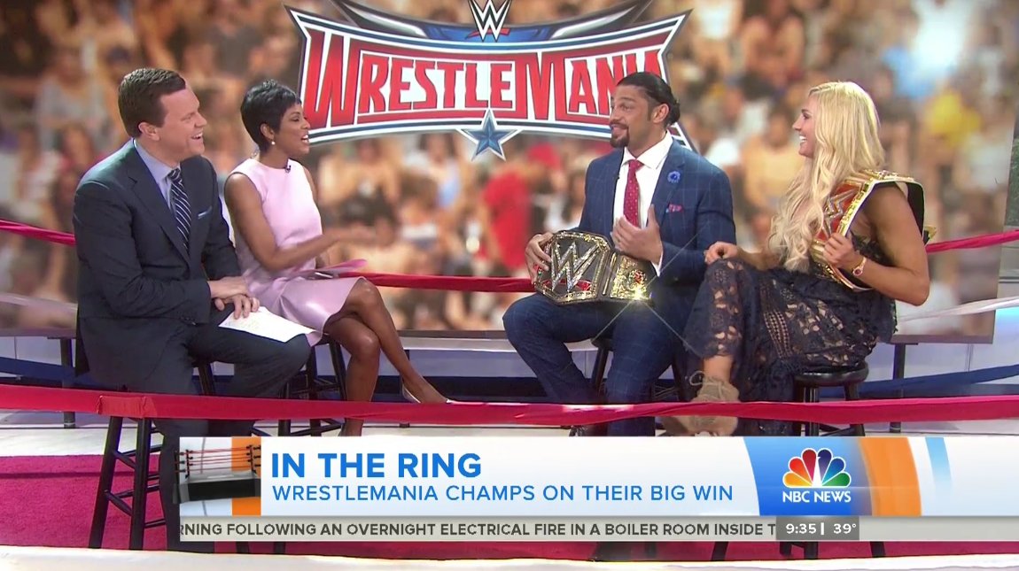 WWE's tweet image. .@WWE Champions @WWERomanReigns &amp;amp; @MsCharlotteWWE are NOW on the @TODAYShow on @NBC! #WrestleMania