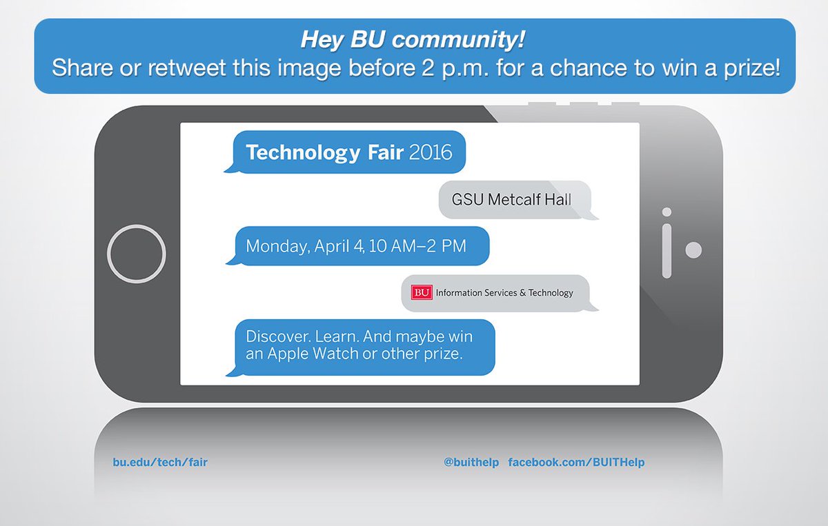 buithelp's tweet photo. RT before 2pm for an extra chance to win!
#BUTechFair today 10am-2pm in the GSU, learn about tech at BU! https://t.co/3amCyhIpJ7
