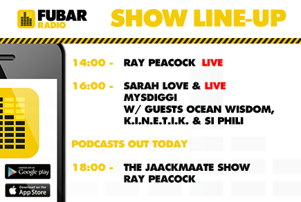 FubarRadio's tweet photo. TODAY - @RayPeacock &amp; @DJSarahLove &amp; @MysDiggi w/ guests @Ocean_Wisdom, @iamkinetik &amp; @SiPhili! https://t.co/xopV5PusBa