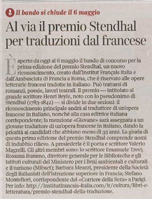 FranceenItalie's tweet photo. Le #PrixStendhal de traduction #français/#italien créé par @IF_Italia sur le @Corriere ! candidatures =>06/05 https://t.co/K98efrj9uX