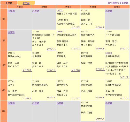 大阪大学体育会ラグビー部 第二弾理系学部の第一セメスターの時間割を集めました 1枚目 理学部 2枚目 工学部 3枚目 基礎 工学部 4枚目 工学部 阪大ラグビー 新歓 T Co Ipnpp9lrfh