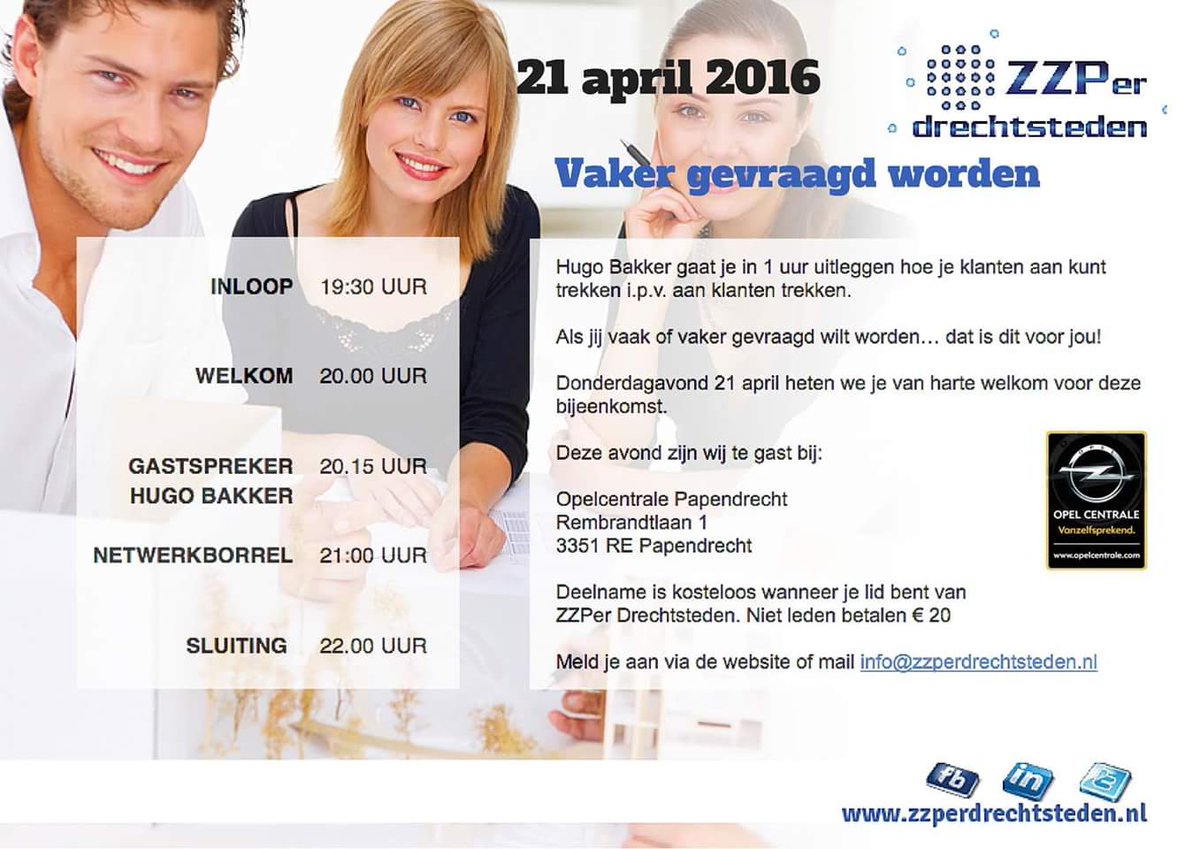 Staat 21 april 2016 al in je agenda?
Bijeenkomst <a href="/zzpdrechtsteden/">Zzper Drechtsteden</a> <a href="/hugo_bakker/">Hugo Bakker</a> <a href="/opel/">OPEL</a> centrale papendrecht.