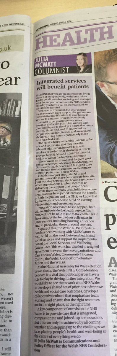 WelshConfed's tweet photo. 'Health is not just about the NHS' -read our column on integration in today's western mail https://t.co/FdVzmTU8ti