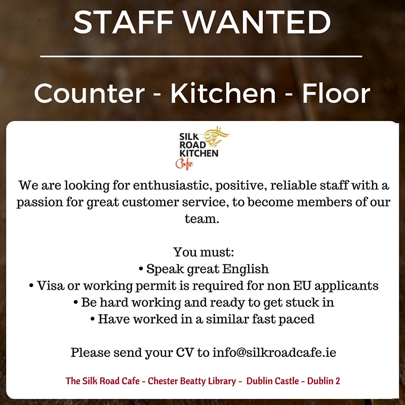 silkroadkit's tweet photo. Interested in working in our Cafe @silkroadcafeie https://t.co/LHuC5YdQK5