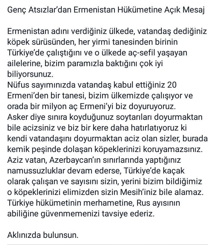 Ermenistan Hükümetine açık mektup.