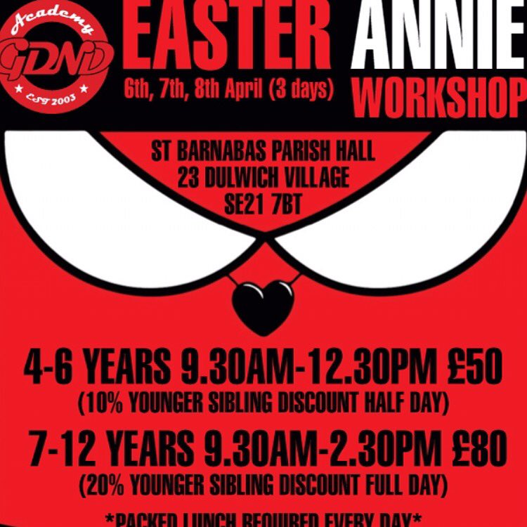 gdndacademy's tweet photo. Just a few places remain on our #AnnieMusical #annie workshop this week #se21 #gdnd @Top_Tutors https://t.co/IAmiwMeprd