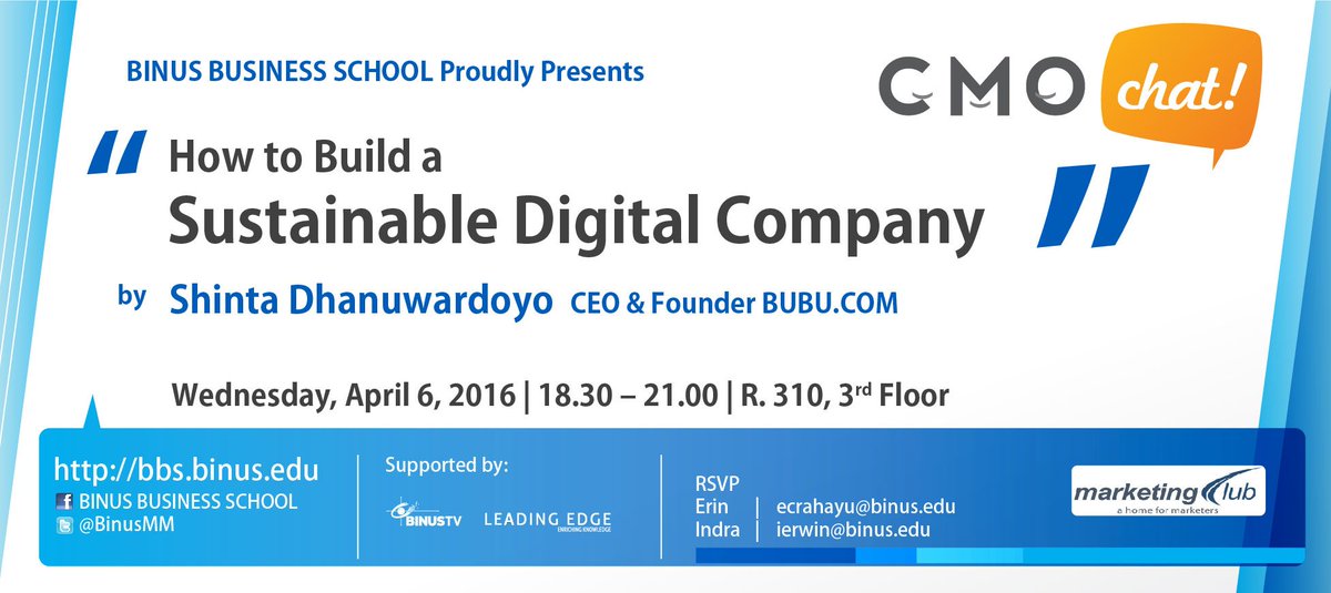 bbs_binus's tweet photo. CMO Chat with @shintabubu CEO of https://t.co/4o1STRyIcW  on Wed (4/6) https://t.co/n8hWcoBom1 Save the date! https://t.co/0NVK7wI4RX