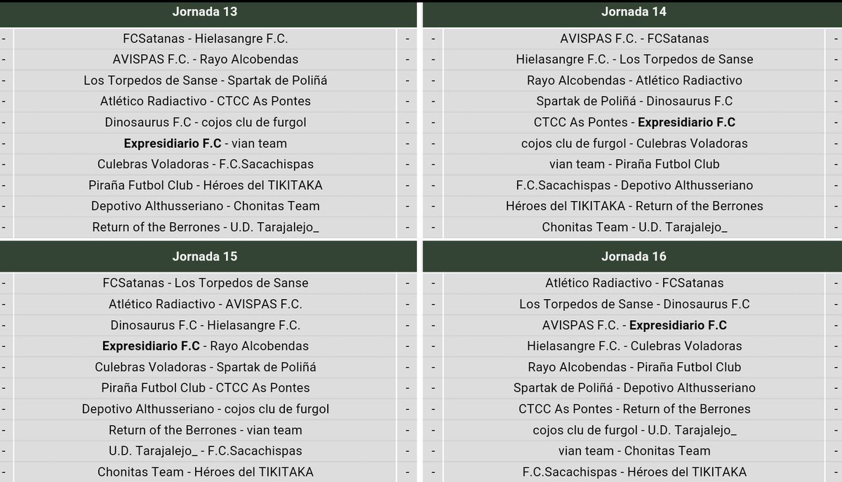 Buenos dias! Estos son los enfrentamientos ligueros de la semana. Mucha suerte!.