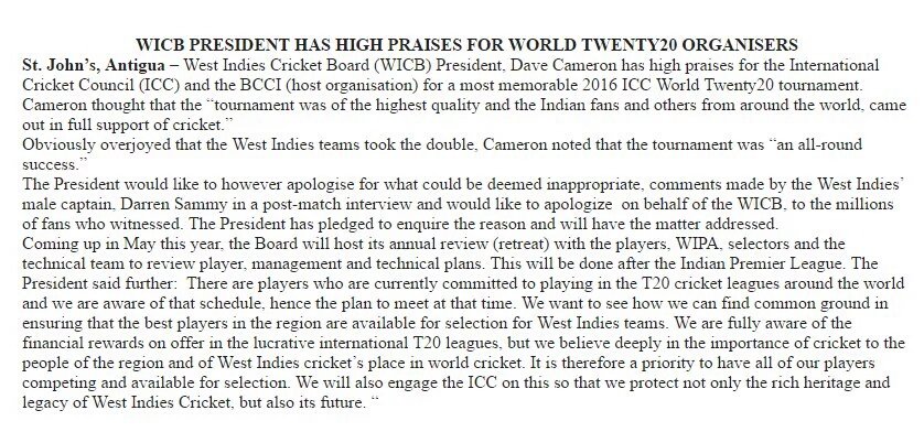 CNC3TV's tweet photo. WICB President "apologises" for Darren Sammy's comments. https://t.co/4aGrMFro5K