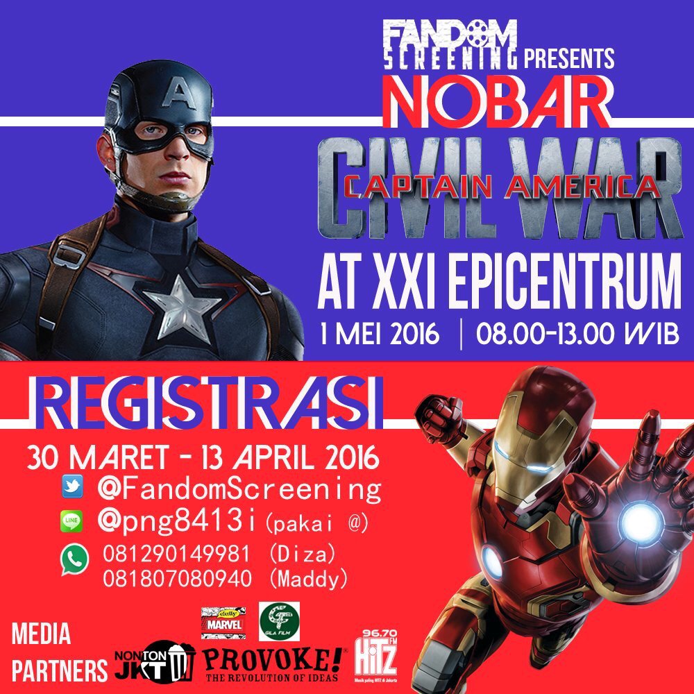 SMA_616's tweet photo. Reminder registrasi nobar Civil War masih dibuka!!
Cek akun @FandomScreening untuk info lebih lanjut yo! https://t.co/Zl9TaCCZD0
