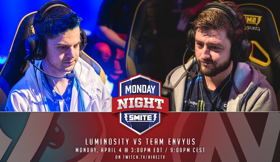 Smite2Esports's tweet photo. Monday Night Smite goes live in 30 minutes! Tonight - @TeamEnVyUs takes on @Luminosity! #SPL https://t.co/Bk1jfGIt00