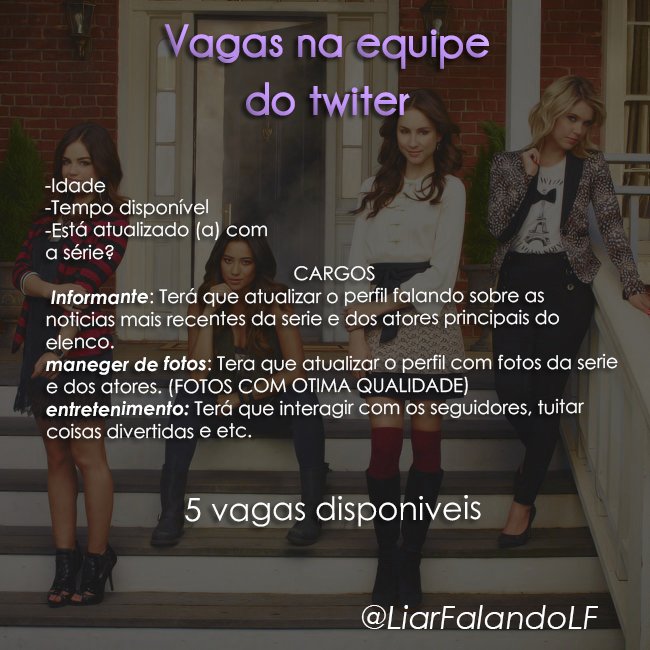 LiarFalandoLF's tweet photo. Para participar mande uma DM respondendo as perguntas na imagem abaixo. 
OBS: E também dica qual cargo você deseja. https://t.co/VUr59rwazk