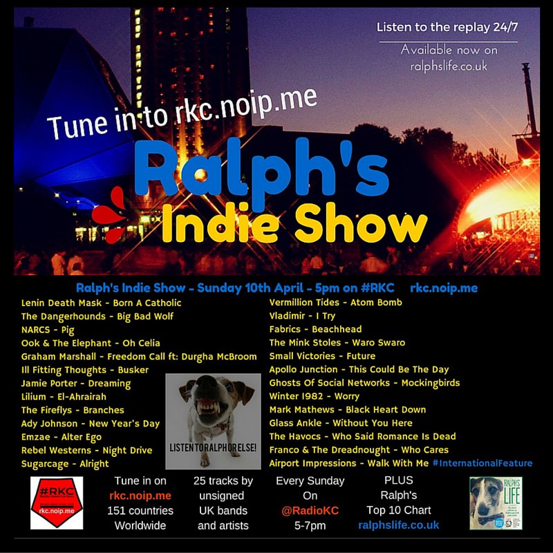 fruitbatwalton's tweet photo. Ralph's @RadioKC Indie Show Sun 10th April 5-7pm

Playlist inc:

@lenindeathmask
@dangerhounds
@NARCSband
@Ookandthe https://t.co/9pmv58gROC