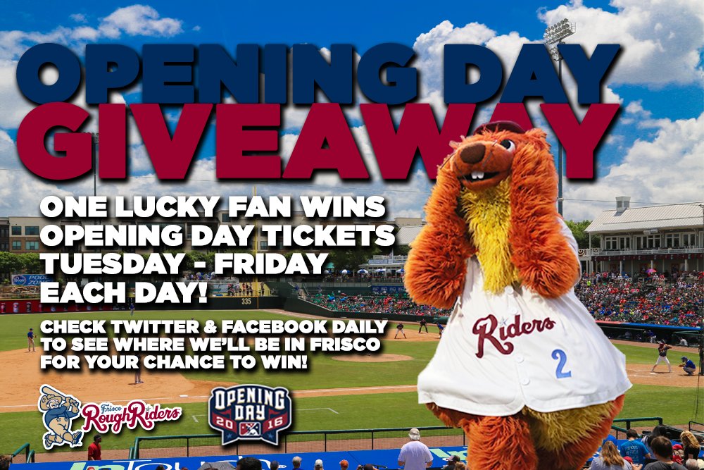 RidersBaseball's tweet image. Win #OpeningDay tickets Tues-Fri! Follow us daily for clues to find us in Frisco for the #OpeningDayGiveaway prize!