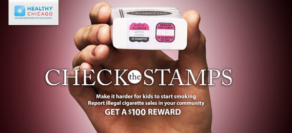 ChiPublicHealth's tweet photo. #CheckTheStamps Get $100! City rewards residents for reporting illegal #tobacco sales in Chicago communities! https://t.co/PU7gC6yKWf