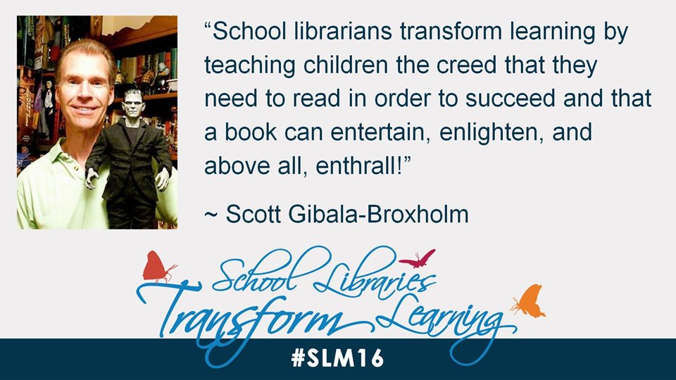 aasl's tweet photo. School librarians transform learning w/the 3 E's says Scott Gibala-Broxholm - entertain, enlighten, enthrall! #slm16 https://t.co/MIaYbAUmKu