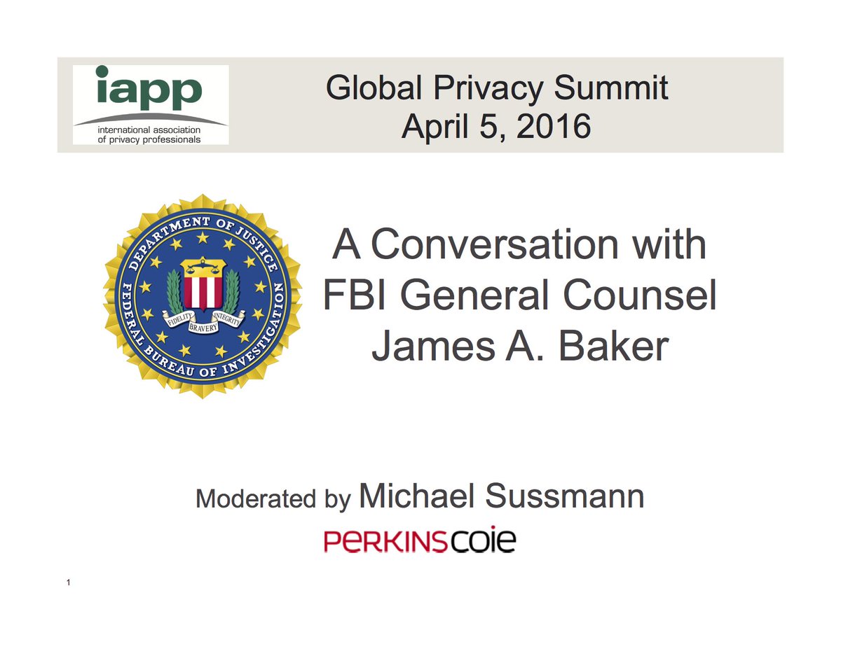 michaelsuss's tweet photo. Tweet your questions for @FBI General Counsel Jim Baker and I’ll ask best ones on Tues at #GPS16. #iapp #goingdark https://t.co/8UJdcSz6MM