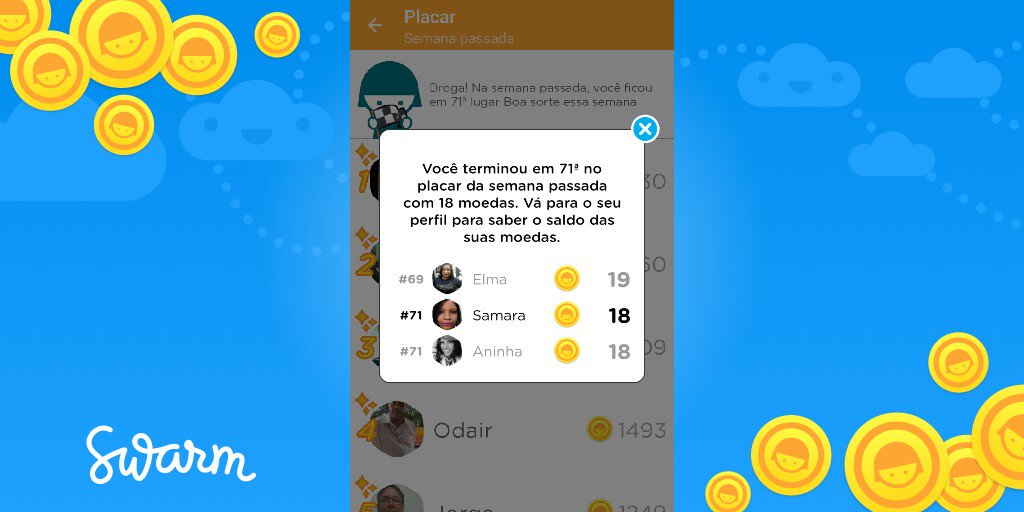 samirezende's tweet image. Eu fiquei em 71ª lugar com 18 moedas no placar do Swarm! @swarmapp