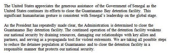 Ulemujournalist's tweet photo. In written statement, @JohnKerry thanks Senegal "for offering humanitarian resettlement" to the 2 Gitmo detainees: https://t.co/j2fLTREDjD