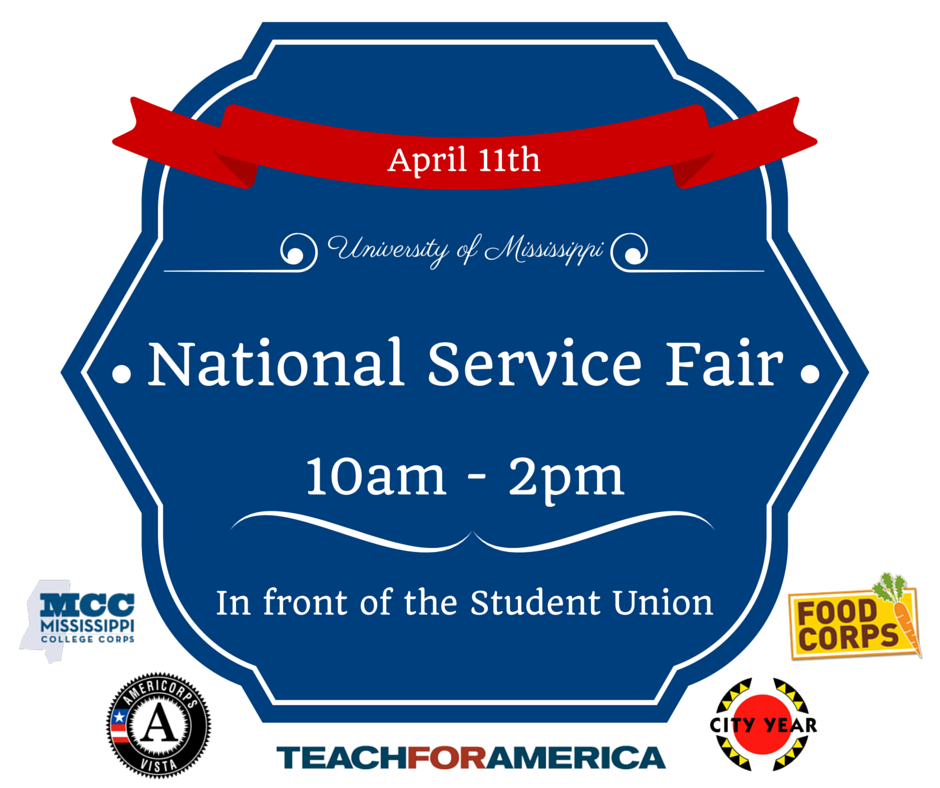 NorthMSVISTA's tweet photo. Want to learn how you can serve after graduation? Join us for the @OleMissRebels National Service Fair next Tuesday! https://t.co/Ruinx0dGrK