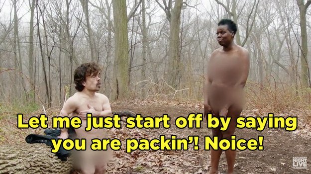 BuzzFeed's tweet photo. Peter Dinklage and Leslie Jones pretending to be on “Naked And Afraid” is everything https://t.co/MfaEU3mx5b https://t.co/03KX0928p2