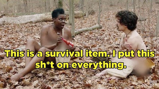 Peter Dinklage and Leslie Jones pretending to be on "Naked And Afraid&...