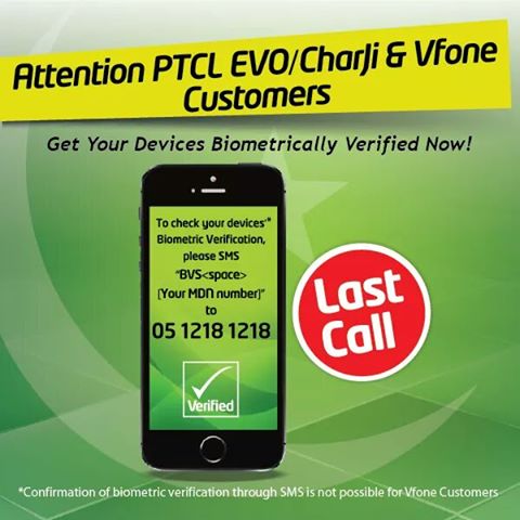 PTCLOfficial's tweet photo. Don't Wait! Confirm your #BiometricVerification for #Vfone, #EVO and #CharJi devices now, before its too late! https://t.co/P858UguJVE