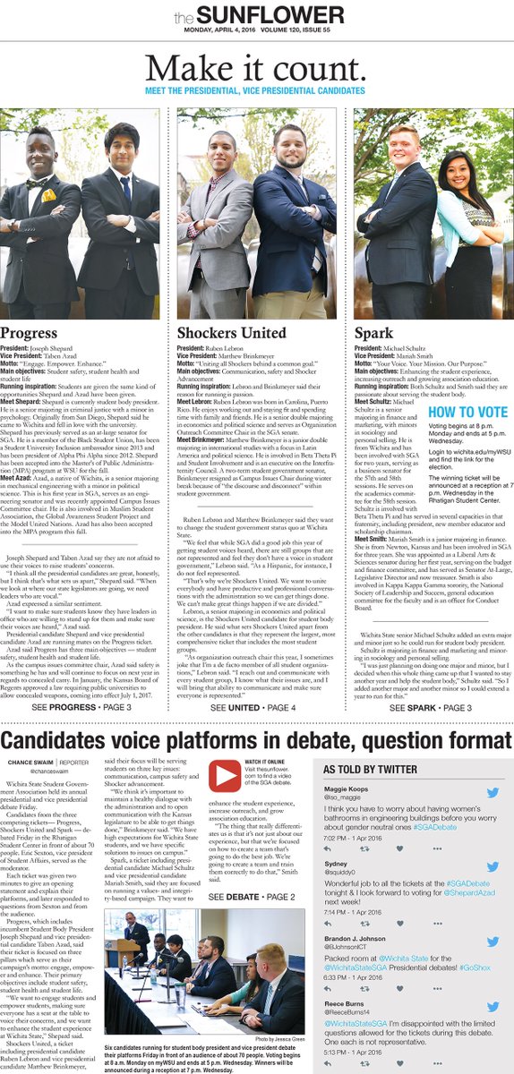 _shelbyreynolds's tweet photo. Today's front page of @sunflowernews with a breakdown of each ticket. Know the candidates before casting your vote! https://t.co/8ffdyEByXD