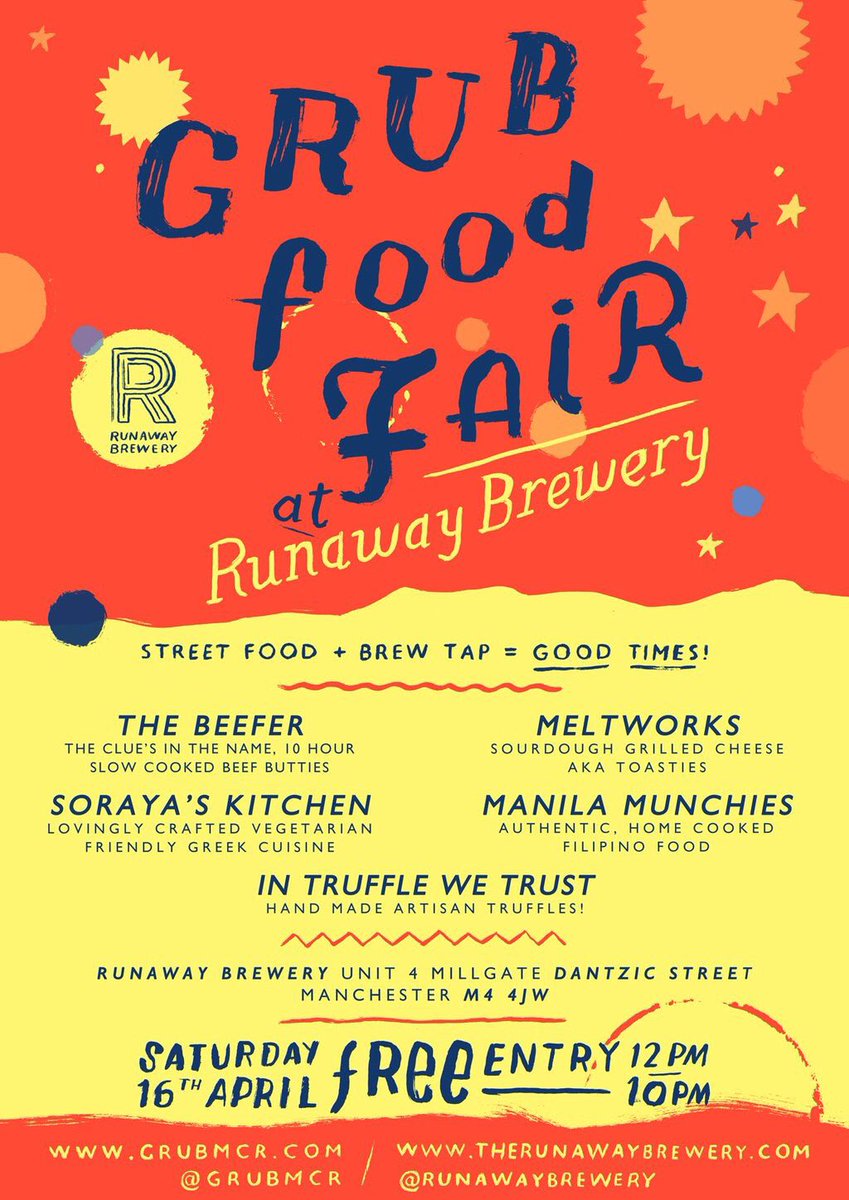 GRUBMCR's tweet image. COMPETITION! Win...

4 beers
1 bottle fizz
Food from each trader

#GRUBFoodFair @RunawayBrewery 16/04

RT TO ENTER!