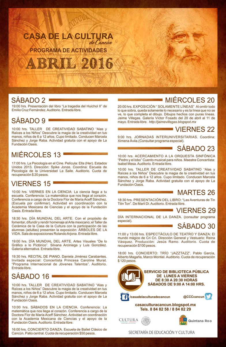 CCCcancun's tweet photo. PROGRAMA DE ACTIVIDADES ABRIL 2016, EN ESTA TU CASA DE CULTURA https://t.co/pnBv1BXwLo