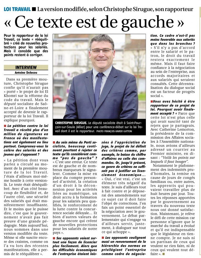 Interview <a href="/MontagneMoulins/">La Montagne Moulins</a> de <a href="/chsirugue/">Christophe Sirugue</a> rapporteur de #LoiTravail #LoiElKhomri invité dans #Allier par <a href="/JeanMallot/">Jean Mallot</a>